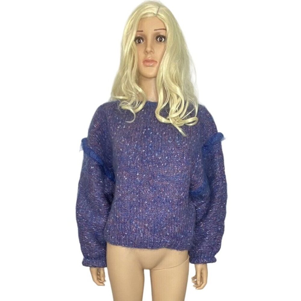 Hand Knit W's M/L Mohair Wool Oversized Sweater Drop Sleeve Trim Purple Blue